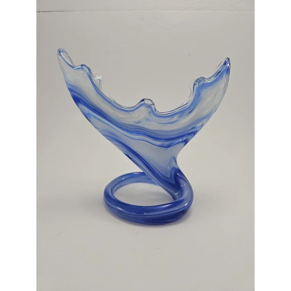 Art Glass Vase Swirled Blue and White Trumpet Decorative Coiled Base 7.25in